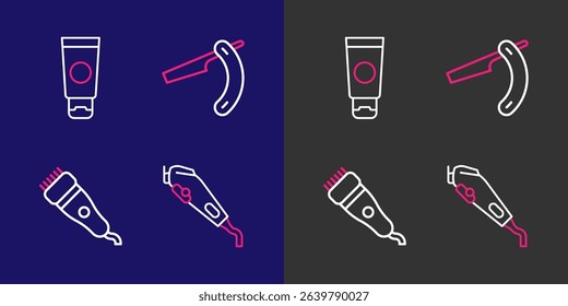 Set line Electrical hair clipper, Straight razor and Cream cosmetic tube icon. Vector