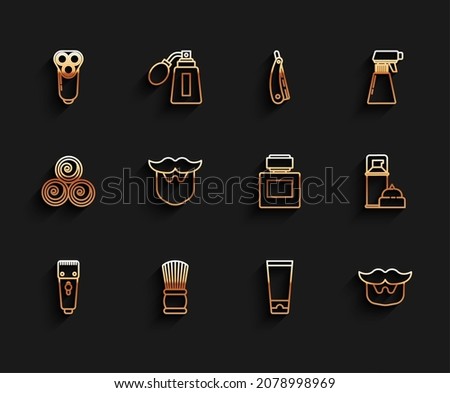 Set line Electrical hair clipper or shaver, Shaving brush, razor blade for men, Cream lotion cosmetic tube, Mustache and beard, gel foam and Aftershave icon. Vector