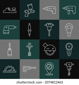 Fijar línea Mezclador de hormigón de mano eléctrica, molino de ángulo, destornillador inalámbrico, Soldador, lijador, herramienta de plano de madera e icono de martillo jackhammer de construcción. Vector