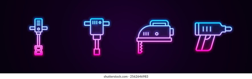 Set line Electrical hand concrete mixer, Construction jackhammer, jigsaw and cordless screwdriver. Glowing neon icon. Vector