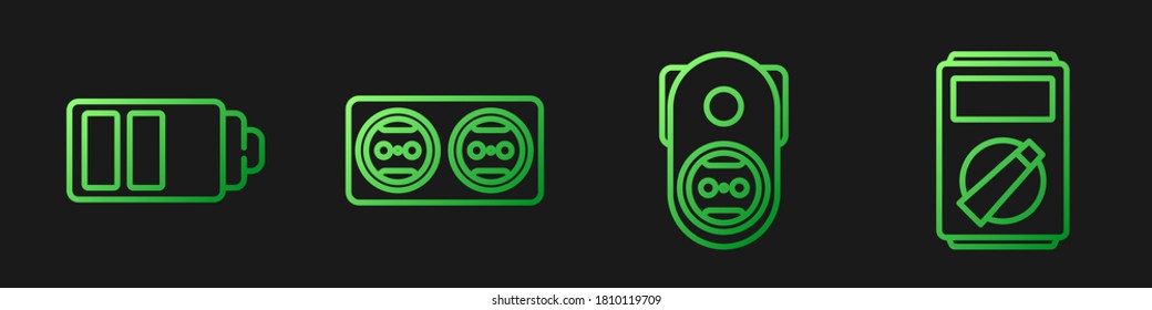 Steckverbindung, Anzeige des Ladegrads der Batterie, Steckdose und Multimeter. Farbsymbole. Vektorgrafik