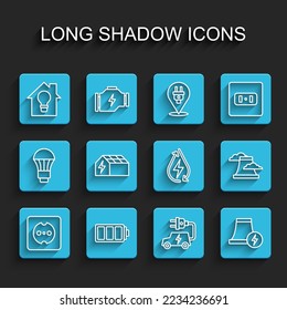 Set line Electrical outlet, Battery, Smart house and light bulb, car, Nuclear power plant, Solar energy panel,  and Water icon. Vector