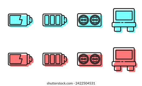 Set line Electrical outlet, Battery charge level indicator, Battery charge level indicator and Fuse icon. Vector
