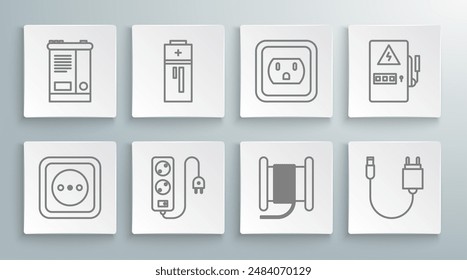 Set line Toma de corriente eléctrica, batería, cable de extensión, tambor del carrete del cable eléctrico del alambre, cargador, en los E.E.U.U., panel e icono de la batería del coche. Vector