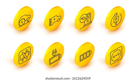 Set line Electrical outlet, Battery charge, Low battery, Charging parking electric car, charging station,  and service icon. Vector