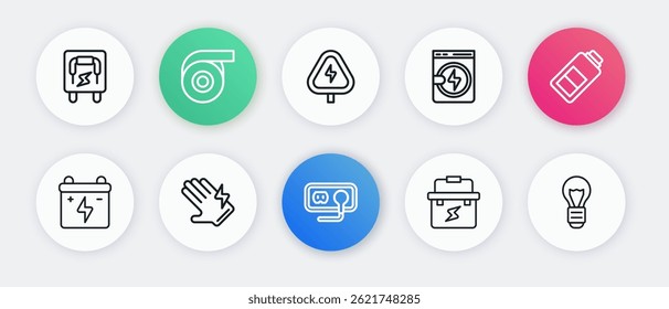 Set line Electrical outlet, Battery charge, Car battery, Toolbox electrician, Washer, High voltage, Creative lamp light idea and glove icon. Vector