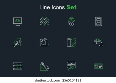 Set line Electrical outlet, Brick wall with trowel, Triangular ruler and pencil, Bricks, Water tap, Wallpaper, Roulette construction and House icon. Vector