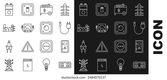 Set line Electrical outlet, cabinet, Charger, Portable power electric generator, Ampere meter, multimeter, voltmeter, Power station plant and factory, Car battery and light switch icon. Vector