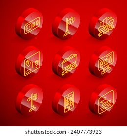 Set line Electrical outlet, Cafe and restaurant location, Cargo train wagon, Route, Coal, Ticket office to buy tickets, Train traffic light and Buy online icon. Vector