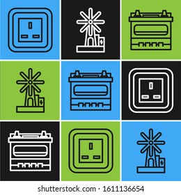 Set line Electrical outlet, Car battery and Wind turbine icon. Vector