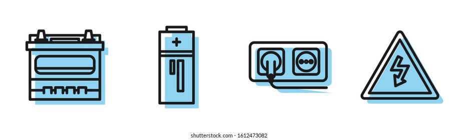 Set line Electrical outlet, Car battery, Battery and High voltage sign icon. Vector
