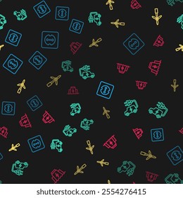Set line Electrical outlet, car, Wind turbine and Hydroelectric dam on seamless pattern. Vector