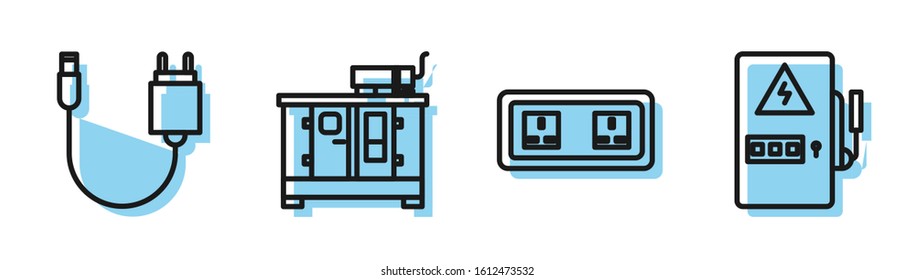 Set line Electrical outlet, Charger, Diesel power generator and Electrical panel icon. Vector