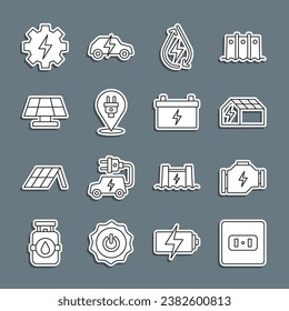 Ajuste la línea de salida eléctrica, Compruebe el motor, el panel de energía solar, el agua, el enchufe, el encendido y el relámpago y el icono de la batería del coche. Vector