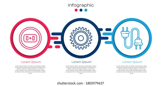 Set line Electrical outlet, Circular saw blade and Electric plug. Business infographic template. Vector
