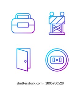 Fijar línea Salida eléctrica, puerta cerrada, caja de herramientas y barrera de carretera. Iconos de color de degradado. Vector