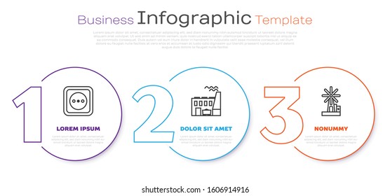 Set line Electrical outlet, Coal power plant and factory and Wind turbine. Business infographic template. Vector