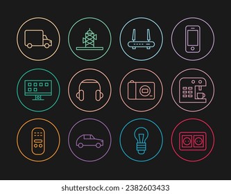 Set line Electrical outlet, Coffee machine, Router and wi-fi signal, Headphones, Smart Tv, Delivery cargo truck, Photo camera and Antenna icon. Vector