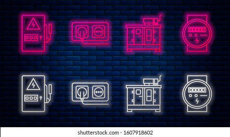 Set line Electrical outlet, Diesel power generator, Electrical panel and Electric meter. Glowing neon icon on brick wall. Vector