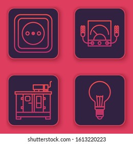 Set line Electrical outlet, Diesel power generator, Ampere meter, multimeter, voltmeter and Light bulb with concept of idea. Blue square button. Vector
