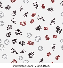 Set line Electrical outlet, Drop and magnifying glass, Earth globe and Garbage truck on seamless pattern. Vector