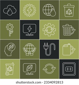Set line Electrical outlet, Eco fuel canister, Recycle bin with recycle, Earth planet water drop, Lightning bolt, Leaf plant gear machine, Cloud rain and Gear and arrows as workflow icon. Vector