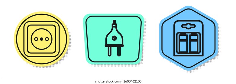 Set line Electrical outlet, Electric plug and Battery in pack. Colored shapes. Vector