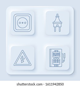 Set line Electrical outlet, Electric plug, High voltage sign and Electrical panel. White square button. Vector