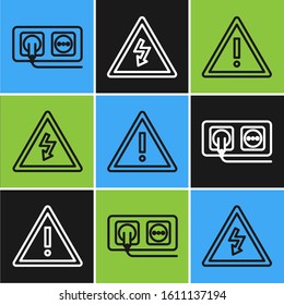 Set line Electrical outlet, Exclamation mark in triangle and High voltage sign icon. Vector