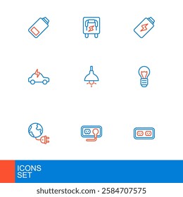 Set line Electrical outlet, Global energy planet with plug, Creative lamp light idea, car, Lamp hanging, Battery charge and panel icon. Vector