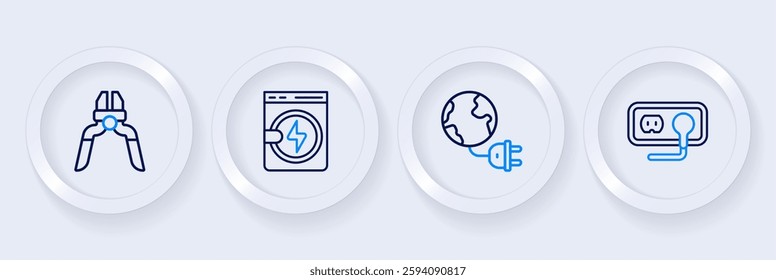 Set line Electrical outlet, Global energy planet with plug, Washer and Pliers tool icon. Vector