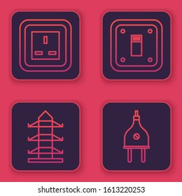 Set line Electrical outlet, High voltage power pole line, Electric light switch and Electric plug. Blue square button. Vector