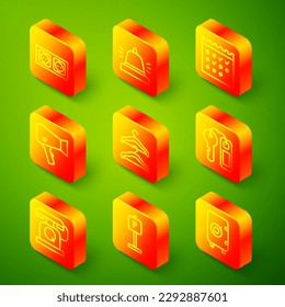 Set line Electrical outlet, Hotel service bell, booking calendar, Hair dryer, Hanger wardrobe, door lock key, Telephone handset and Parking icon. Vector