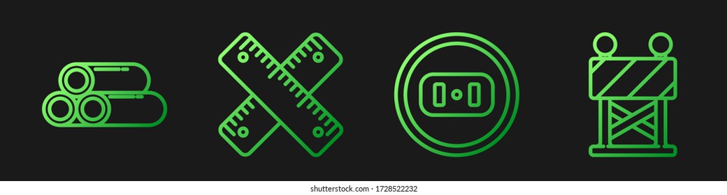 Set line Electrical outlet, Industry metallic pipe, Crossed ruler and Road barrier. Gradient color icons. Vector