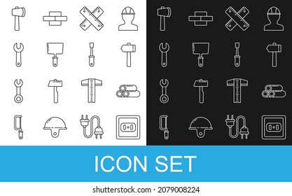 Set line Electrical outlet, Industry metallic pipe, Hammer, Crossed ruler, Putty knife, Wrench spanner, Wooden axe and Screwdriver icon. Vector
