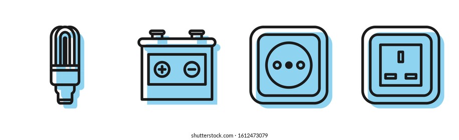 Set line Electrical outlet, LED light bulb, Car battery and Electrical outlet icon. Vector