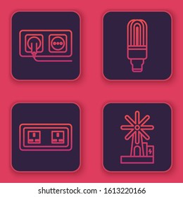 Set line Electrical outlet, Electrical outlet, LED light bulb and Wind turbine. Blue square button. Vector