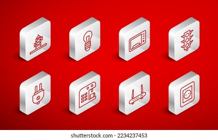 Set line Electrical outlet, Light bulb, Microwave oven, Traffic light, Router and wi-fi signal, Antenna, Coffee machine and plug icon. Vector