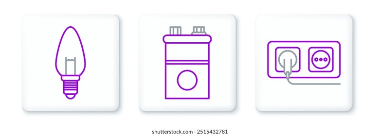 Set line Electrical outlet, Light bulb and Car battery icon. Vector