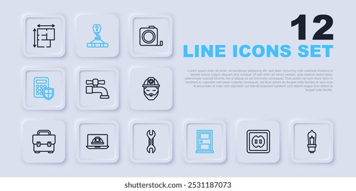 Set line Toma de corriente eléctrica, bombilla, grifo de agua, puerta cerrada, panel de acceso del teclado de seguridad, casco de seguridad del trabajador, gancho de la grúa e icono de llave inglesa. Vector
