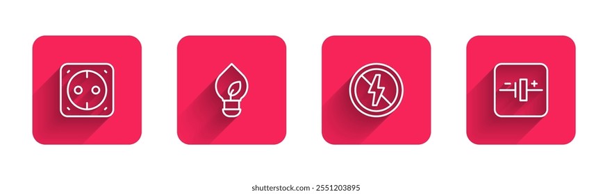 Set line Electrical outlet, Light bulb with leaf, No lightning and DC voltage source with long shadow. Red square button. Vector