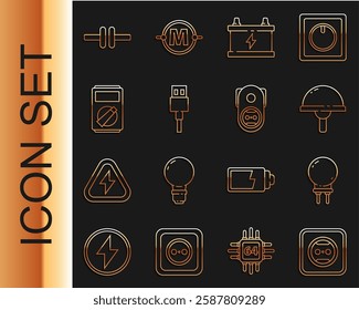 Set line Electrical outlet, Light emitting diode, Car battery, USB cable cord, Multimeter, circuit scheme and  icon. Vector