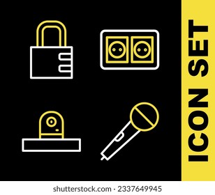 Set line Electrical outlet, Microphone, Security camera and Safe combination lock icon. Vector