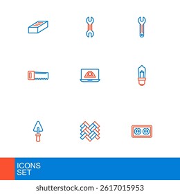 Set line Electrical outlet, Parquet, Trowel, Light bulb, Hand saw, Worker safety helmet, Wrench spanner and  icon. Vector
