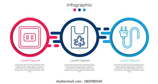 Set line Electrical outlet, Plastic bag with recycle and Electric plug. Business infographic template. Vector