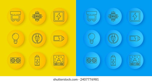 Set line Electrical outlet, plug, Ampere meter, multimeter, voltmeter, Battery charge level indicator, Fuse, Lightning bolt and Processor microcircuits CPU icon. Vector