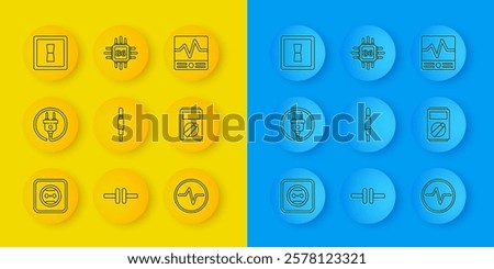 Set line Electrical outlet, plug, Audio jack, circuit scheme, Multimeter, light switch, measuring instruments and Processor with microcircuits CPU icon. Vector