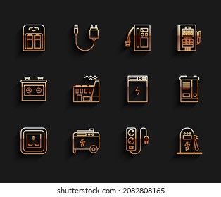 Set line Electrical outlet, Portable power electric generator, Battery in pack, extension cord, car charging station, Coal plant and factory, Car battery and Power bank icon. Vector