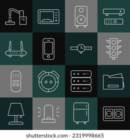 Set line Electrical outlet, Printer, Traffic light, Stereo speaker, Smartphone, Router and wi-fi signal, Robotic robot arm hand factory and Wrist watch icon. Vector