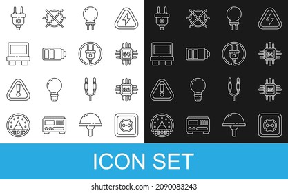 Set line Electrical outlet, Processor with microcircuits CPU, Light emitting diode, Battery charge level indicator, Fuse, plug and  icon. Vector